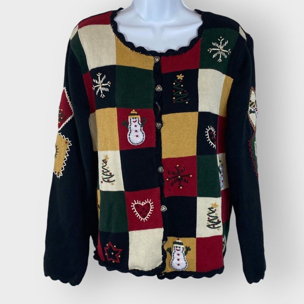 Christopher Banks Holiday Christmas Patchwork Cardigan | XLP | Hand Embroidered